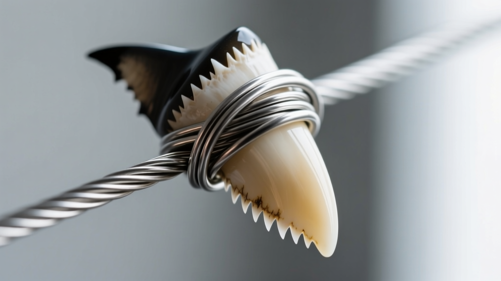 Close-up of Grade 2 titanium wire wrap securing a mako shark tooth showing the secure loop and lack of metallic corrosion