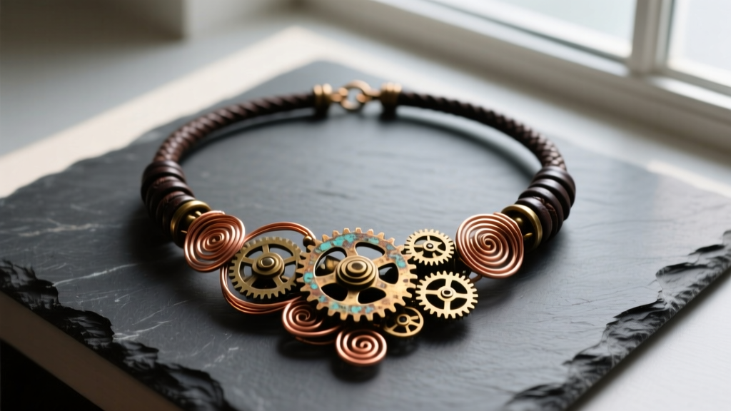Overhead flat-lay of a complex steampunk necklace featuring oxidized brass gears, copper wire wrapping, and dark leather on slate
