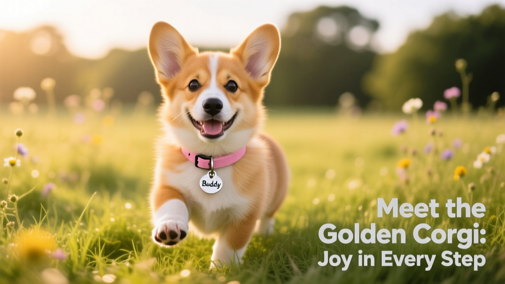 golden corgi puppy wearing a pink collar smiling in grass
