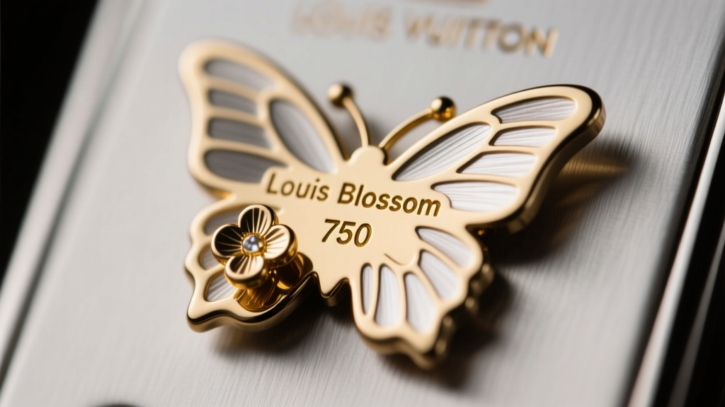 Extreme close-up of butterfly back and post of authentic LV B Blossom stud, revealing laser-engraved serial number and 750 stamp.