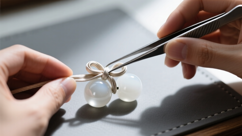 Jeweler hands using tweezers to tie a traditional silk knot between two large white glass beads on a professional gray beading mat