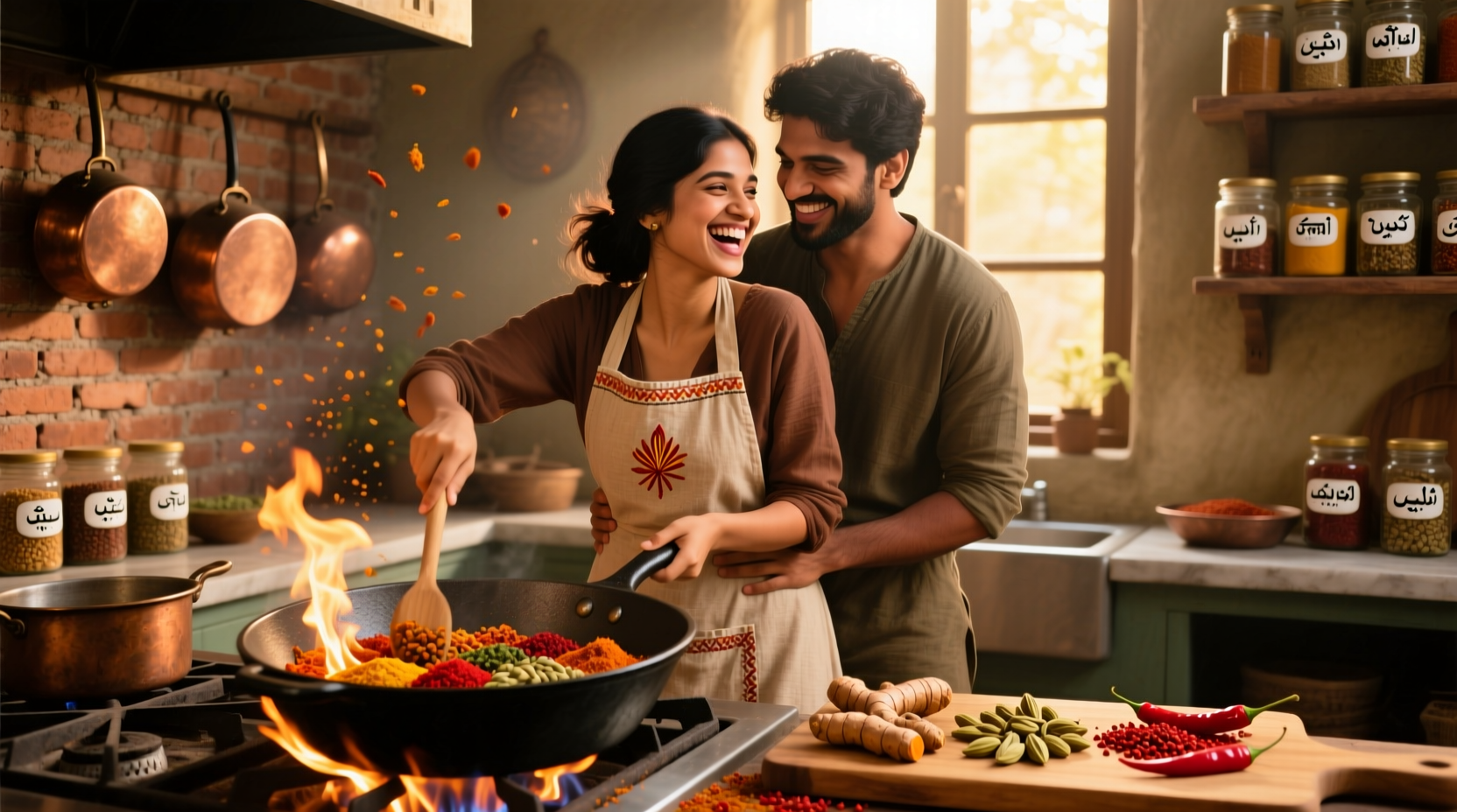 Couple laughing while cooking exotic spices together
