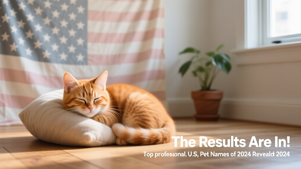 Sleeping ginger kitten curled up on a soft pillow with a subtle US flag motif in the background