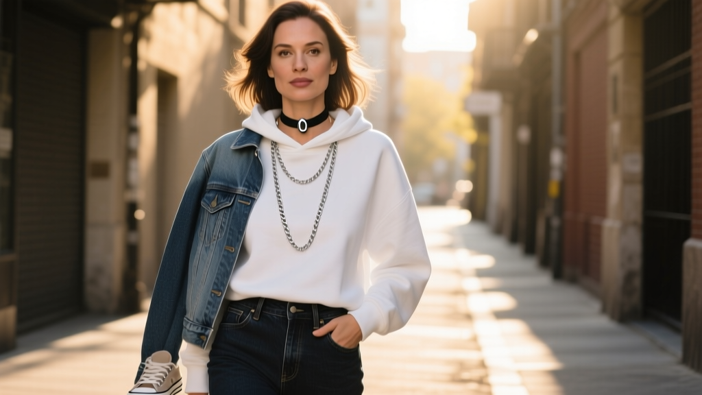 Woman wearing a layered stack with a steel bolt pendant on a 16-inch choker and a longer silver chain in casual streetwear style.