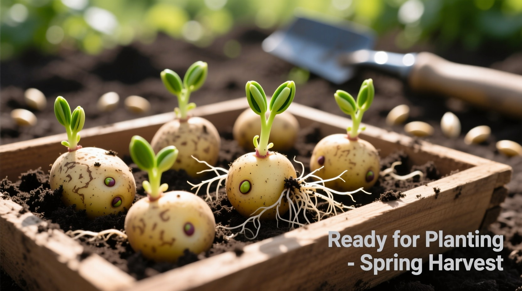 Sprouted potato pieces ready for planting