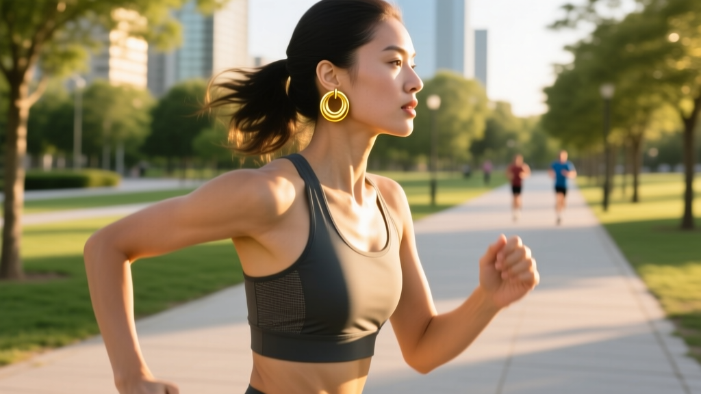 Female runner mid-stride in urban park wearing secure 14k yellow gold huggie earrings, morning sunlight highlighting the metal.