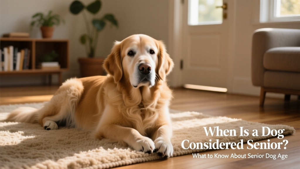 Senior golden retriever resting comfortably on a soft rug, looking calm and content