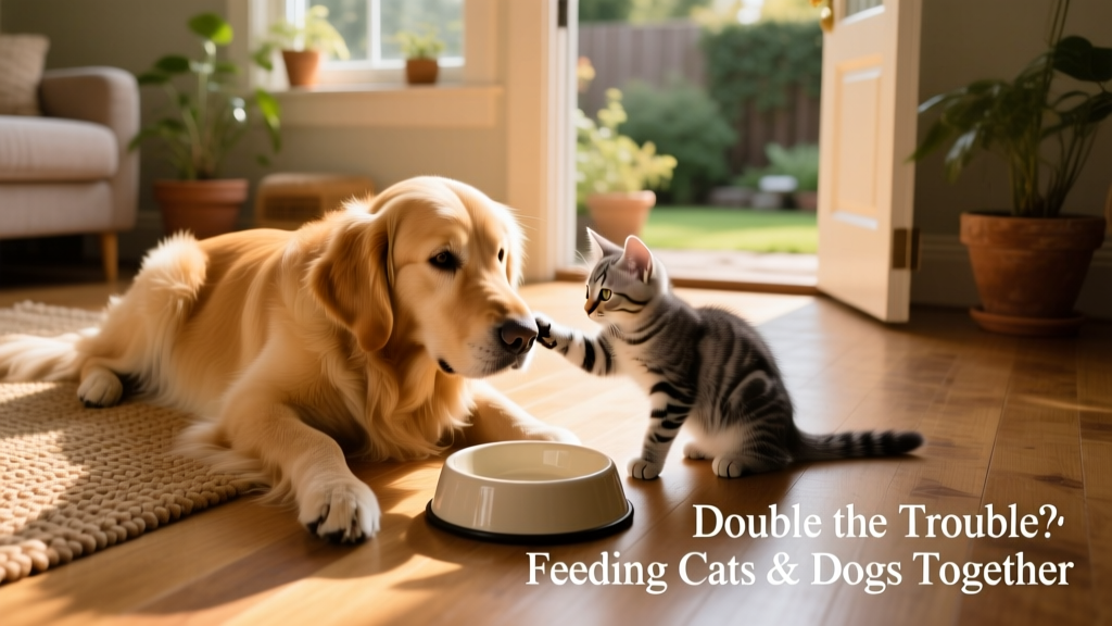 A golden retriever lying beside an empty food saucer while a grey striped kitten gently touches its nose with a front paw