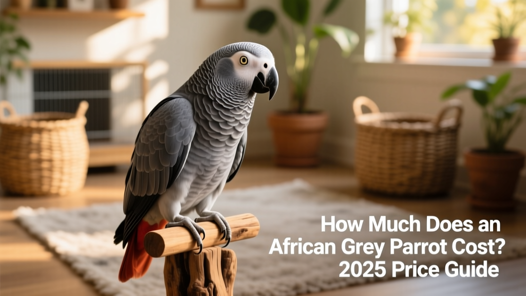 A vibrant African Grey parrot perched calmly on a natural wood stand, head tilted curiously