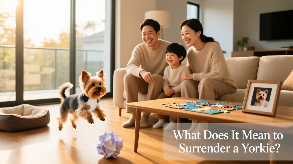 A family smiling warmly while playing with a Yorkie in their sunlit living room