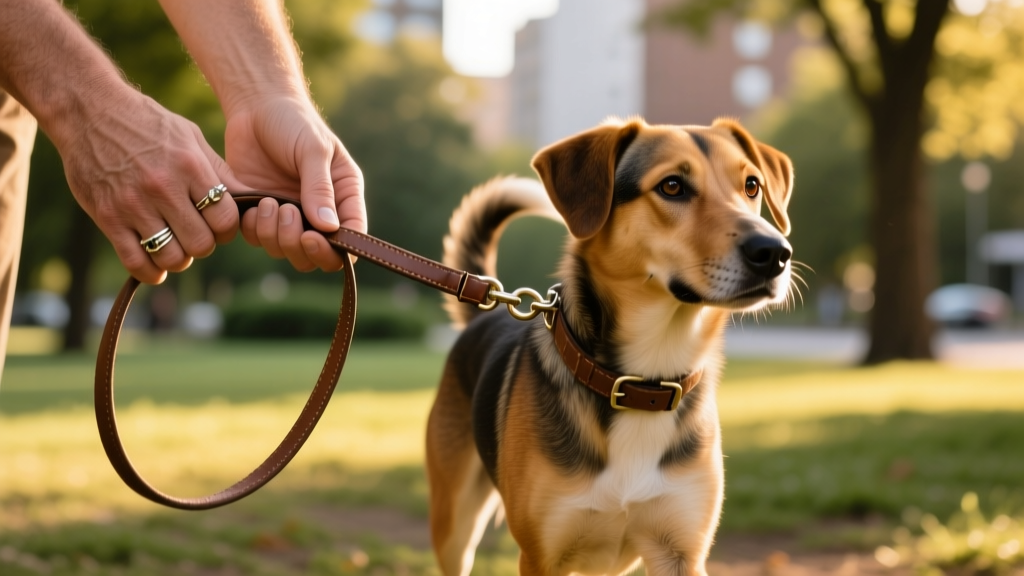 Two hands gently holding a leash as a dog walks confidently beside them—symbolizing trust and transition