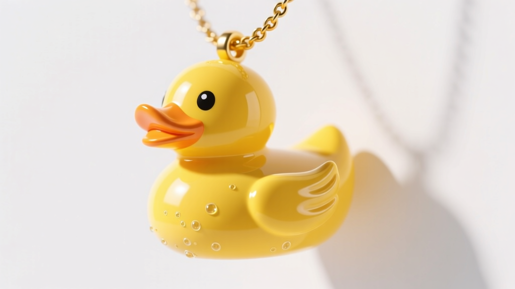 Yellow resin rubber duck necklace on white backdrop in bright light, close-up macro showing its smooth, high-gloss surface detail.