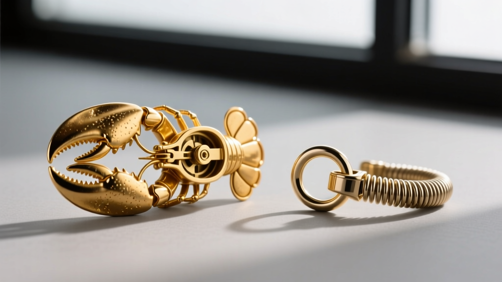 Macro shot comparing a solid 14k gold lobster clasp next to a plated spring ring clasp, highlighting mechanism differences.