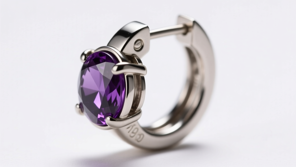 Side view of a hinged clicker closure on an 18-gauge titanium amethyst huggie earring, showing the snap mechanism and bezel.
