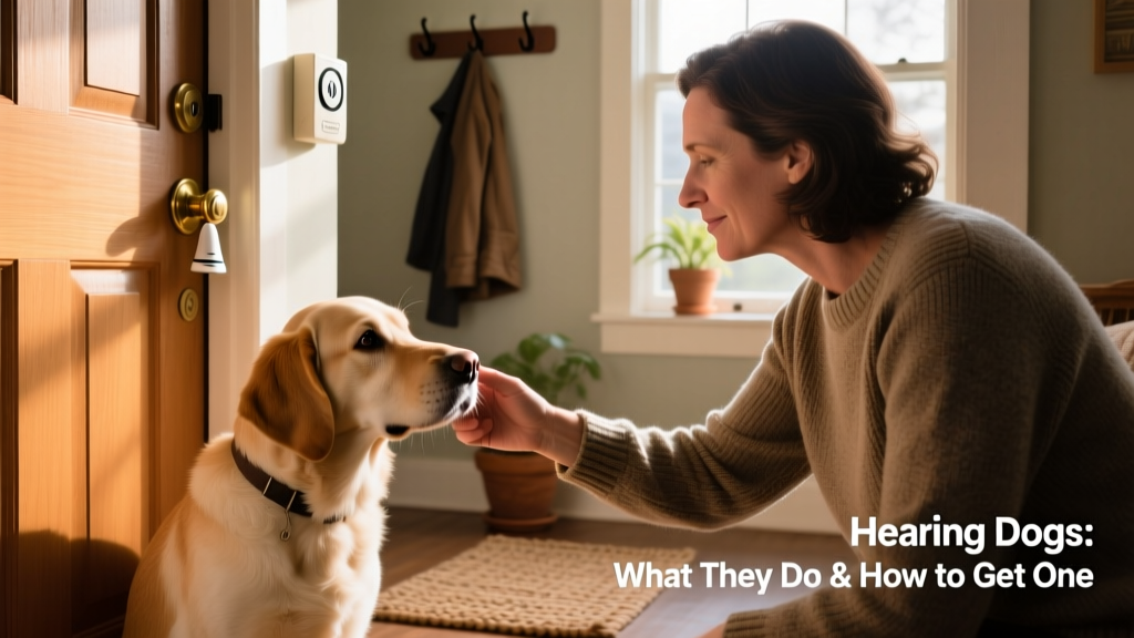 A calm, focused hearing dog gently nudging its handler’s hand while looking toward a doorbell