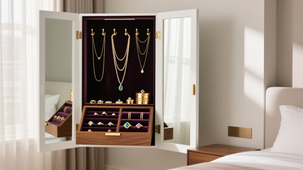 Full-length stand mirror with jewelry storage opened to reveal velvet-lined necklace hooks and ring rolls in a bright bedroom