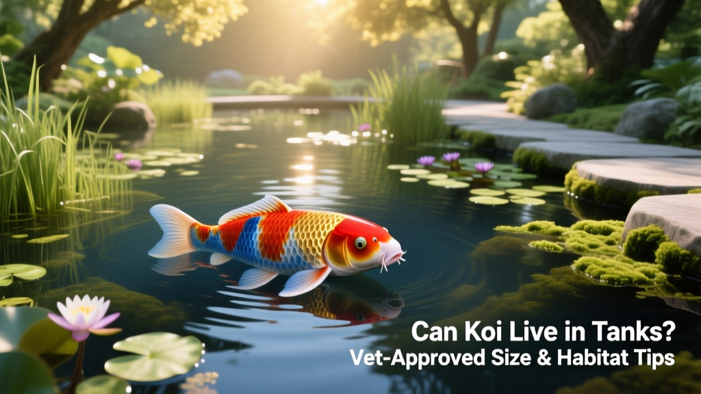 A mature koi swimming gracefully in a spacious, well-planted outdoor pond