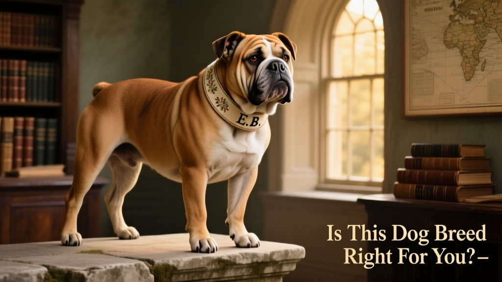 Historical painting of an Old English Bulldog from the early 1800s, showing its athletic, lean build and alert expression