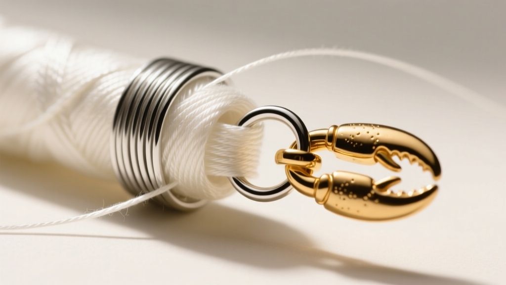 Close-up of silver French wire coil protecting white silk thread passing through the jump ring of a 14k gold lobster clasp.