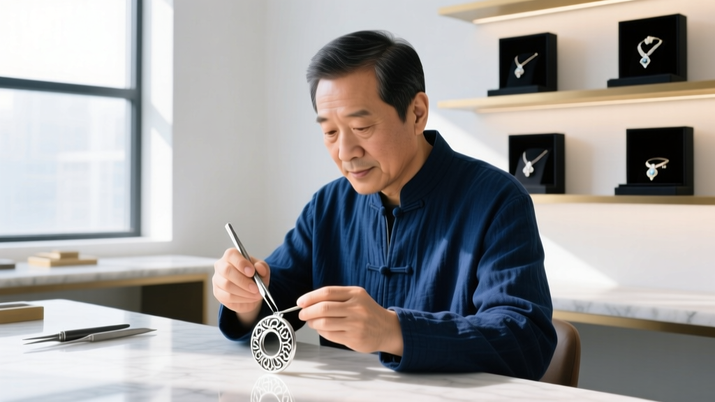 A jeweler's loupe examining the four-prong sterling silver setting of a deep purple charoite pendant necklace for signs of wear
