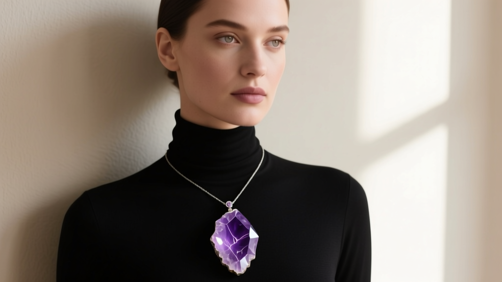 Woman wearing a raw amethyst geode pendant necklace over a black turtleneck, soft window light illuminating the purple crystals.