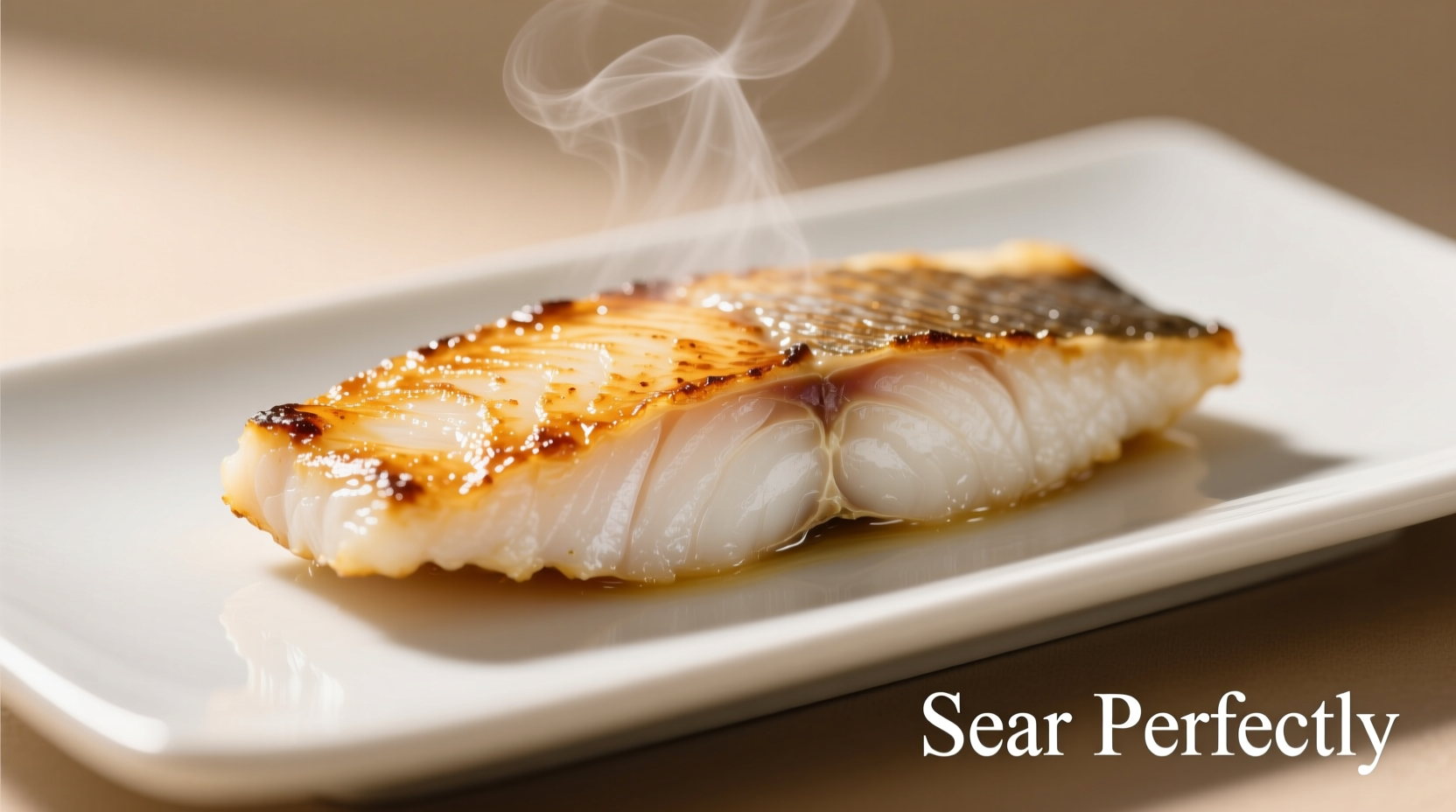 Perfectly seared white fish fillet with golden crust