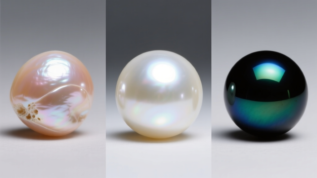 Side-by-side close-up comparison of three pearl types: a bright white Akoya, a peach freshwater baroque, and a dark Tahitian.