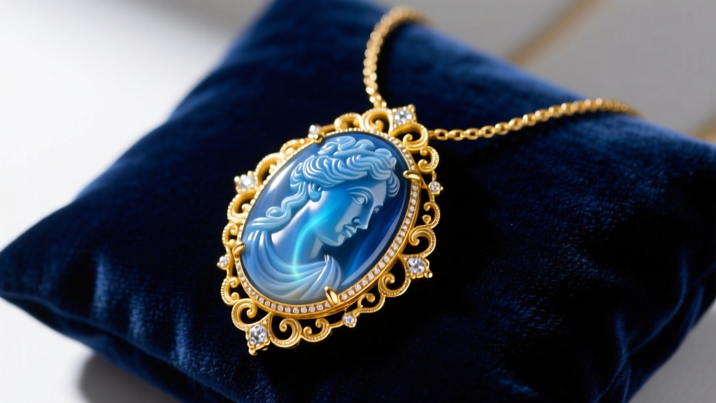 Close-up of a vintage blue agate cameo necklace in ornate 14k gold, resting on dark navy velvet under soft directional lighting