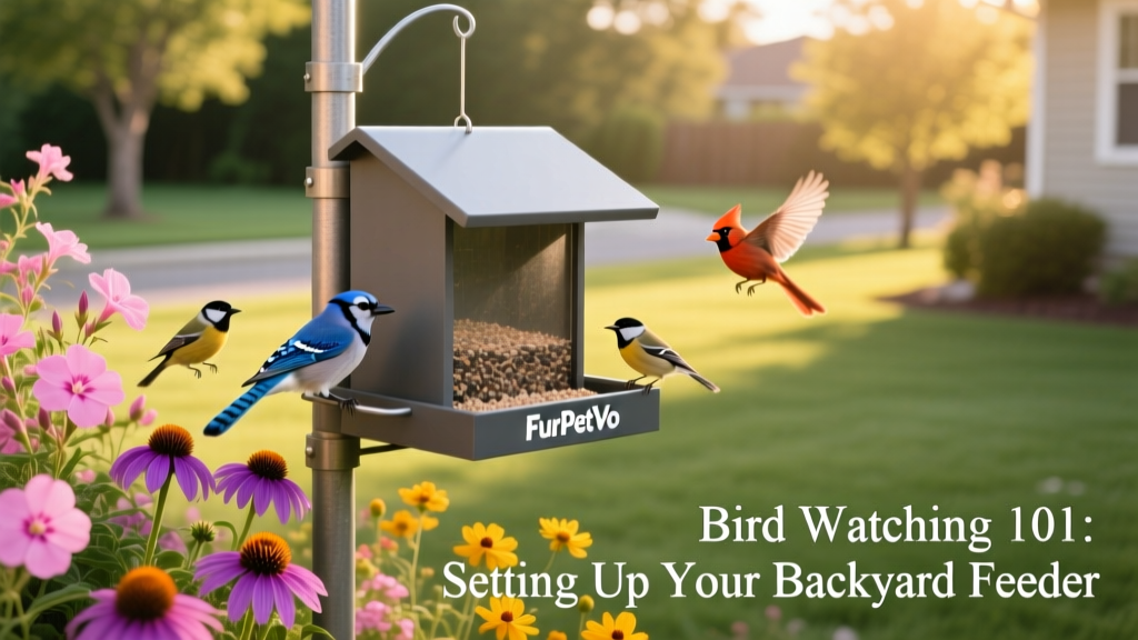 A FurPetVo squirrel-proof feeder mounted on a pole with no squirrels in sight, surrounded by blooming flowers