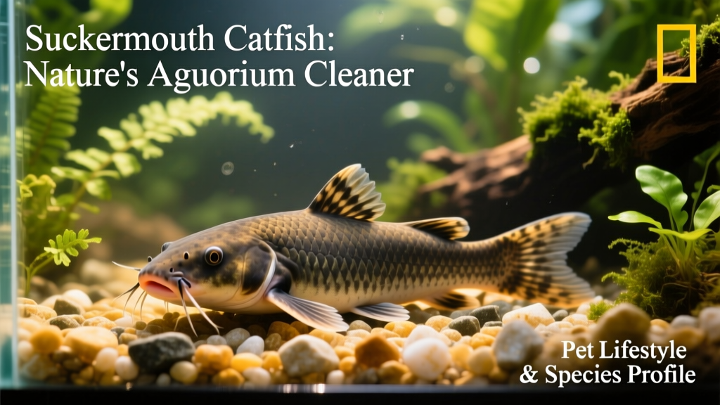 Suckermouth catfish resting on gravel in a well-planted freshwater aquarium