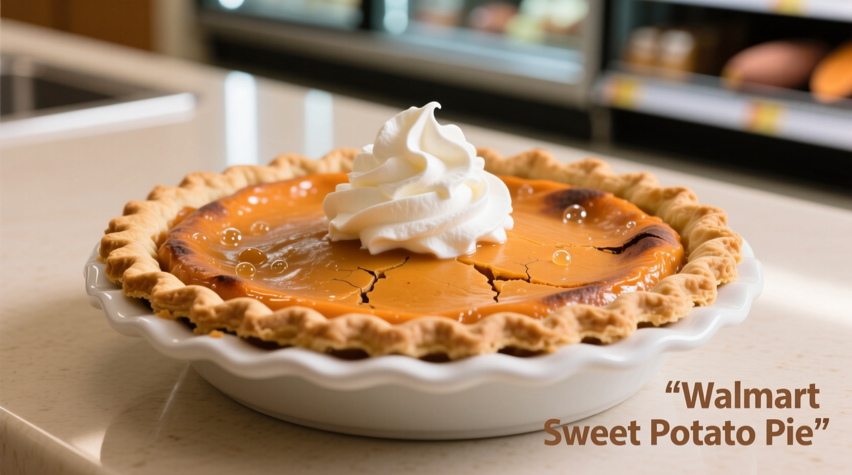 Walmart sweet potato pie on serving plate with whipped cream