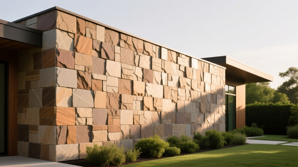 Interlocking mortarless Adorn stone veneer panels in rustic cedar tones snapping together on an exterior home facade wall
