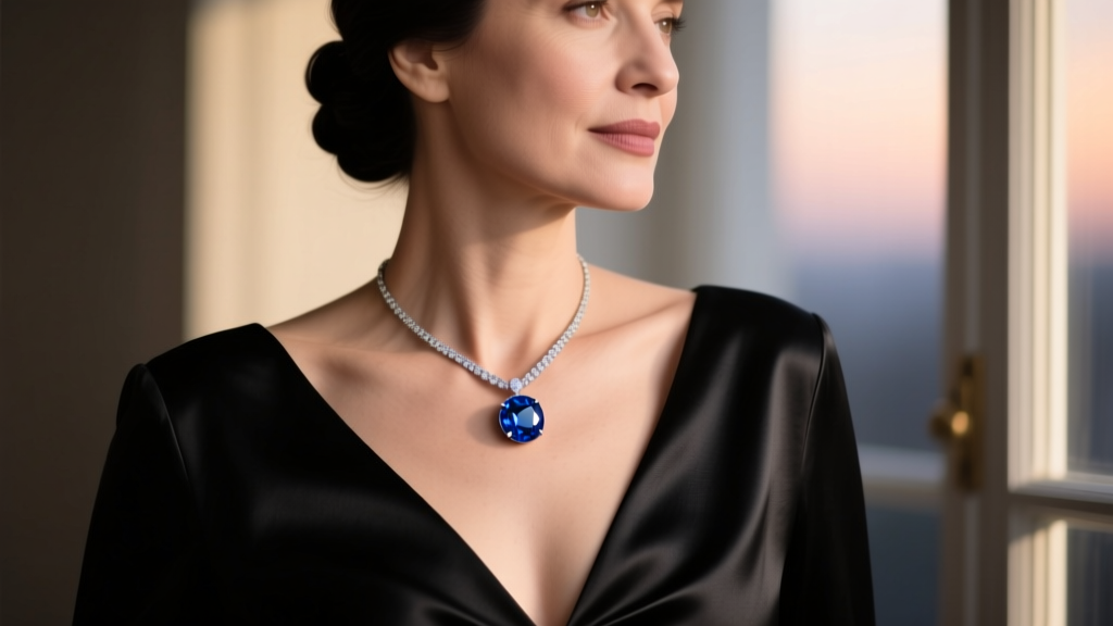 Close-up of a woman wearing a bezel-set round blue sapphire pendant resting perfectly on a black silk evening gown neckline.