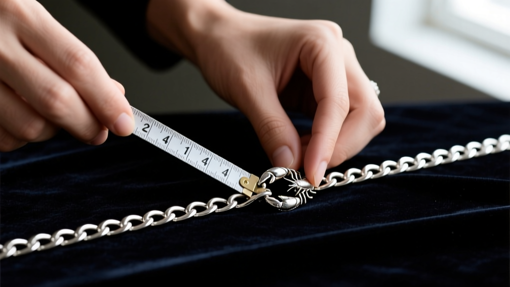 Close-up of hands using a flexible tape to measure a 14-inch silver rolo chain on dark velvet, including the small lobster claw.
