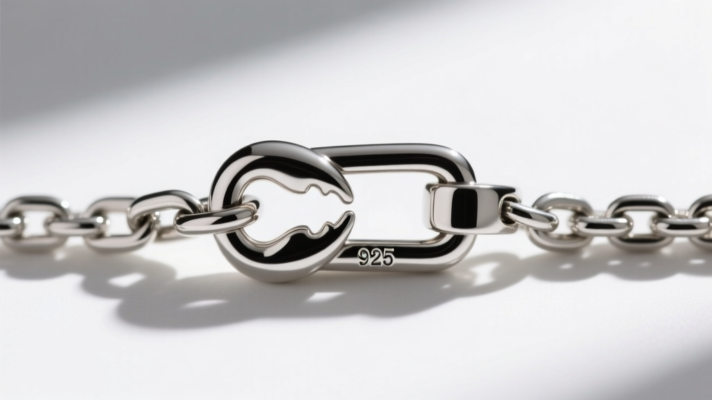 Macro shot of a 1.2mm sterling silver box chain clasp, highlighting the secure lobster claw closure and 925 metal stamp.