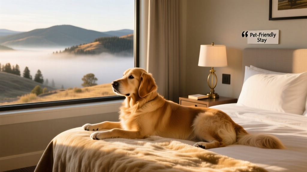 A golden retriever resting comfortably on a plush hotel bed beside a window overlooking the Black Hills