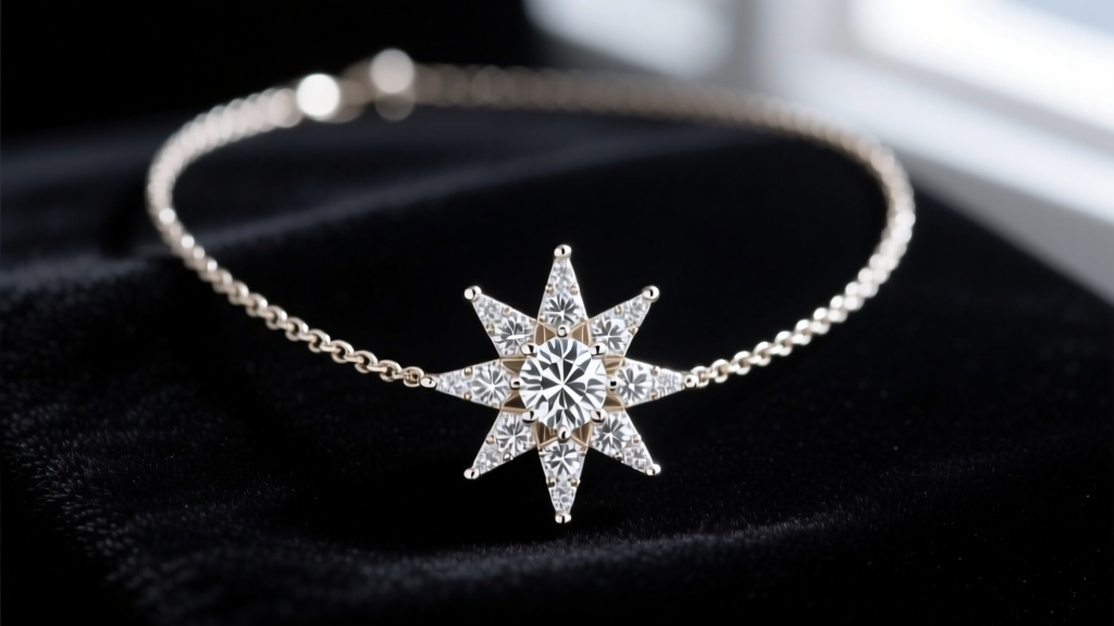 Close-up of a 14k white gold diamond starburst necklace on dark velvet, highlighting the radiating diamond rays and chain.