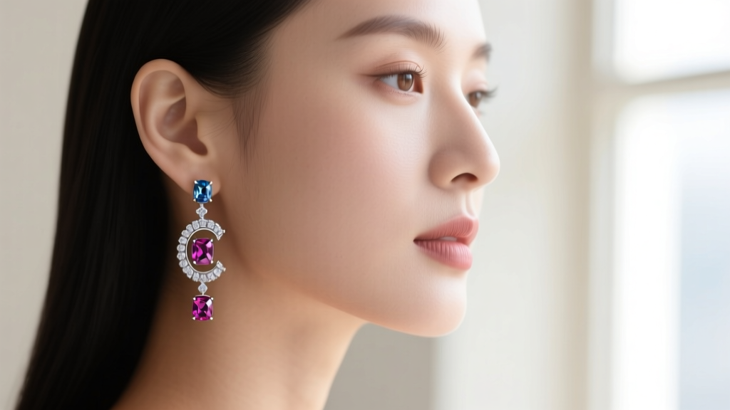Side profile of a woman wearing 18-gauge lab-created sapphire and ruby drop earrings with CZ accents, showing lobe drape.
