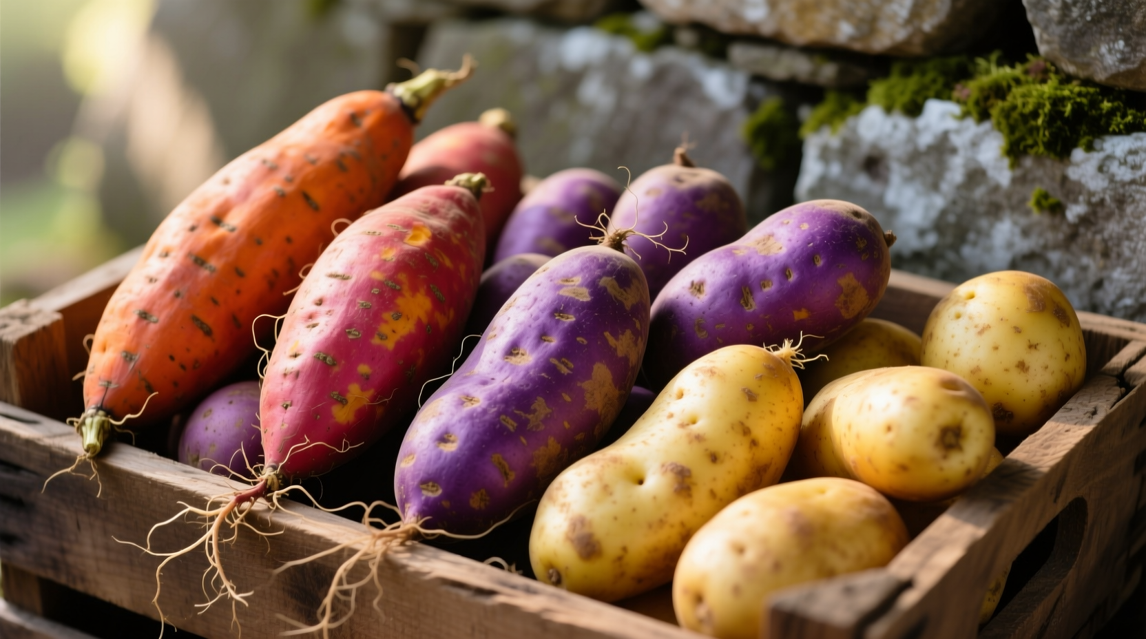 Colorful array of sweet potatoes, purple potatoes, and Yukon Golds