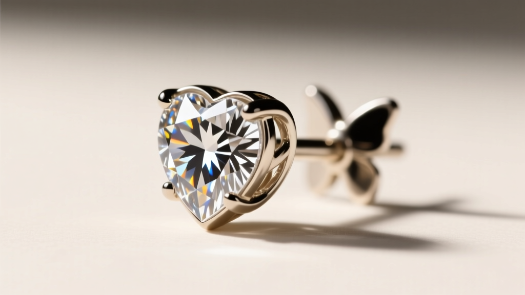 Side profile view of a heart-shaped diamond stud earring showing the basket setting height and secure butterfly friction back