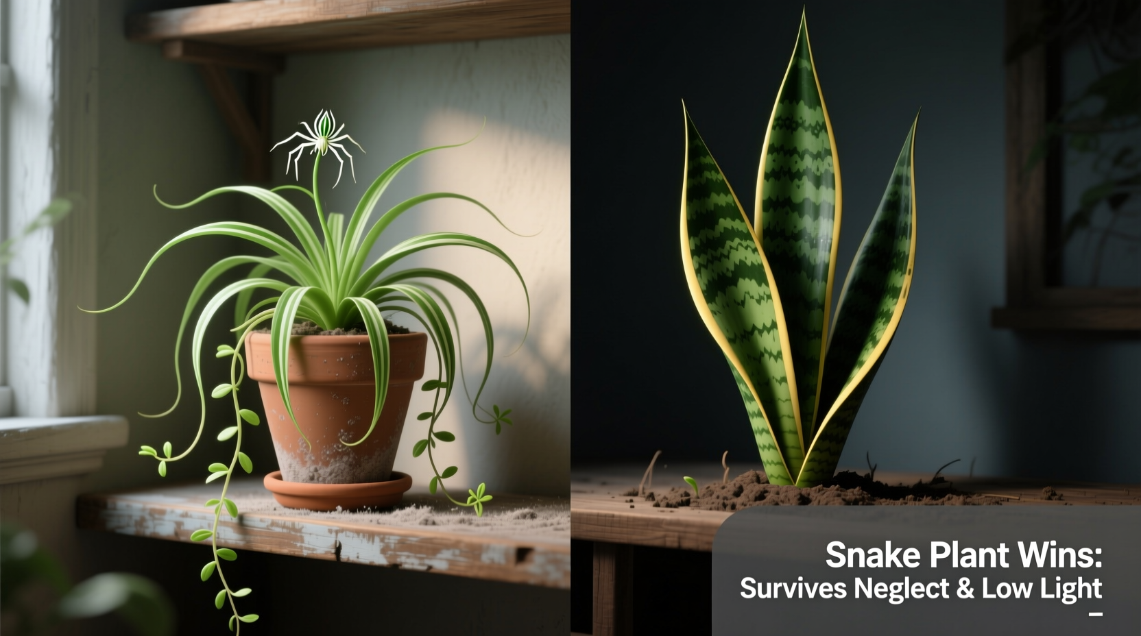 spider plant vs snake plant which indoor plant survives neglect and low light better
