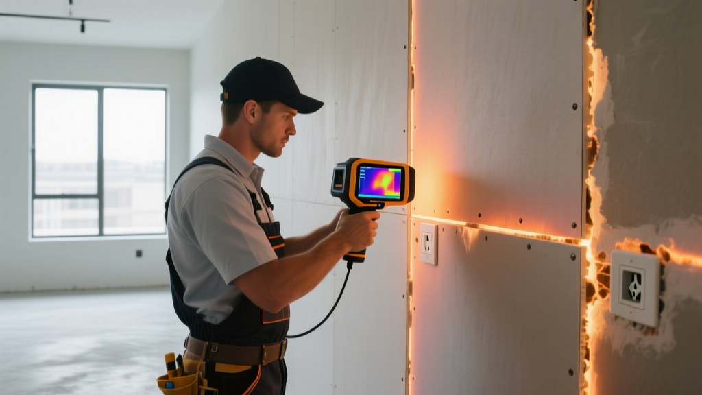 Contractor inspecting drywall partition with thermal camera to locate acoustic flanking paths and sound leaks near electrical outlets.