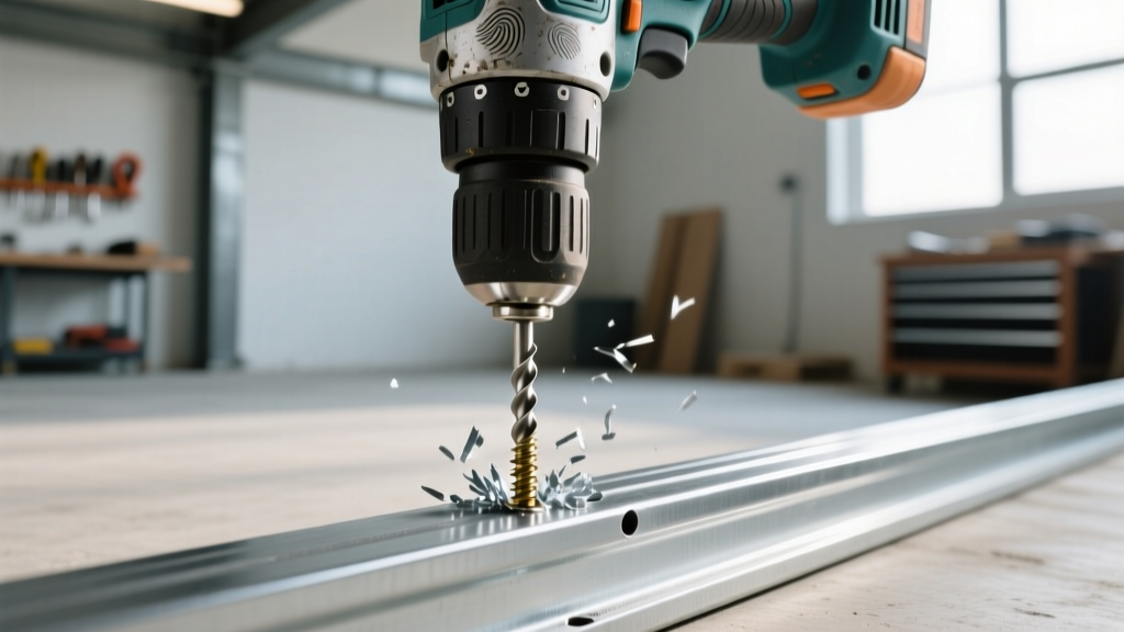 Close-up of a power drill driving a wafer-head self-drilling steel framing screw into a 20-gauge galvanized metal stud track