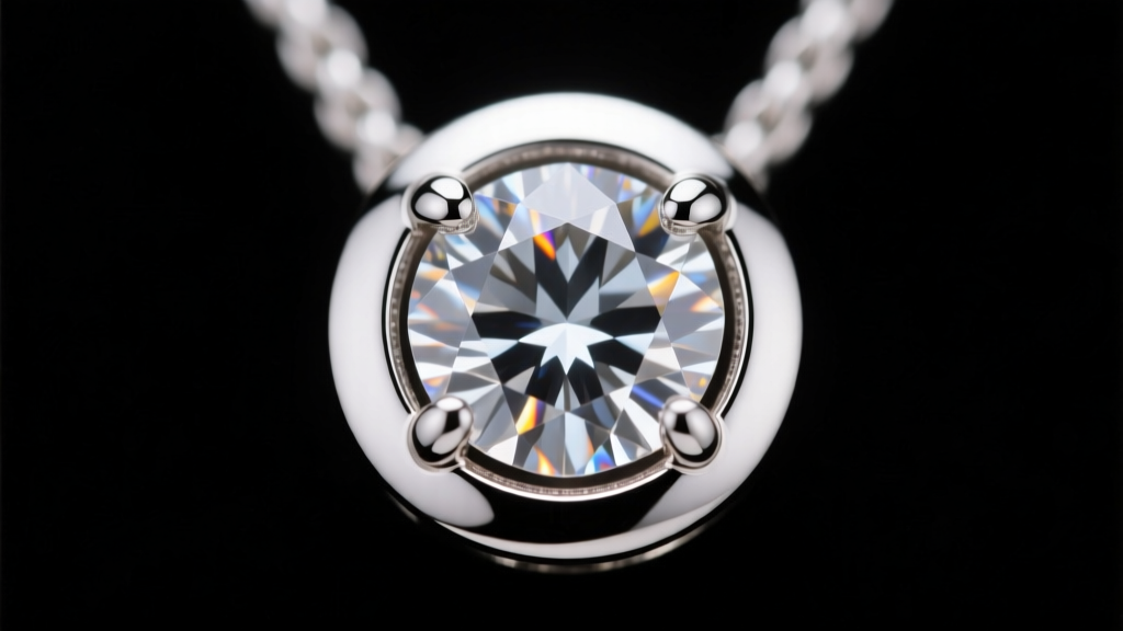 Macro photo of a bezel-set lab-grown diamond pendant, showing the metal lip securing the girdle against a dark backdrop.