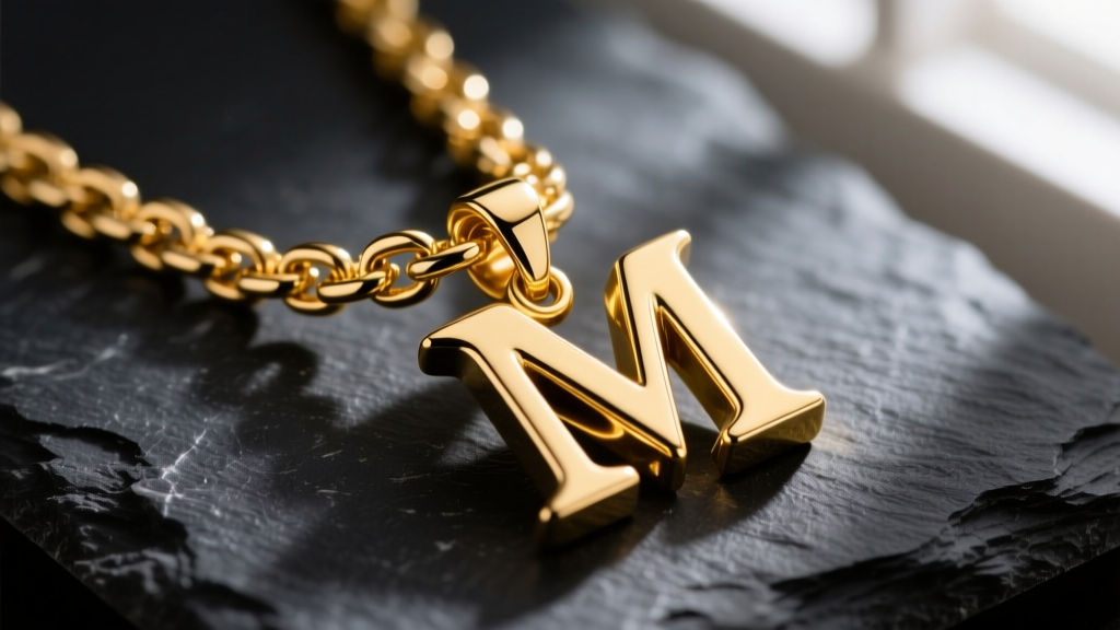 Macro of a 3mm gold Cuban chain connecting to a heavy solid 14k gold letter M pendant resting against dark slate