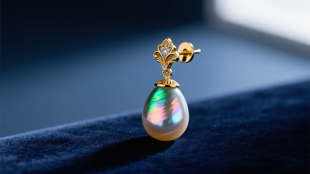 Baroque pearl drop earring on navy velvet, lit by soft lighting to highlight iridescent nacre and a 14k gold cap setting