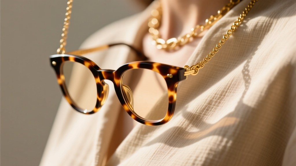 Close-up of tortoiseshell eyeglasses attached to a gold eyewear chain resting on a beige linen blouse in soft natural light