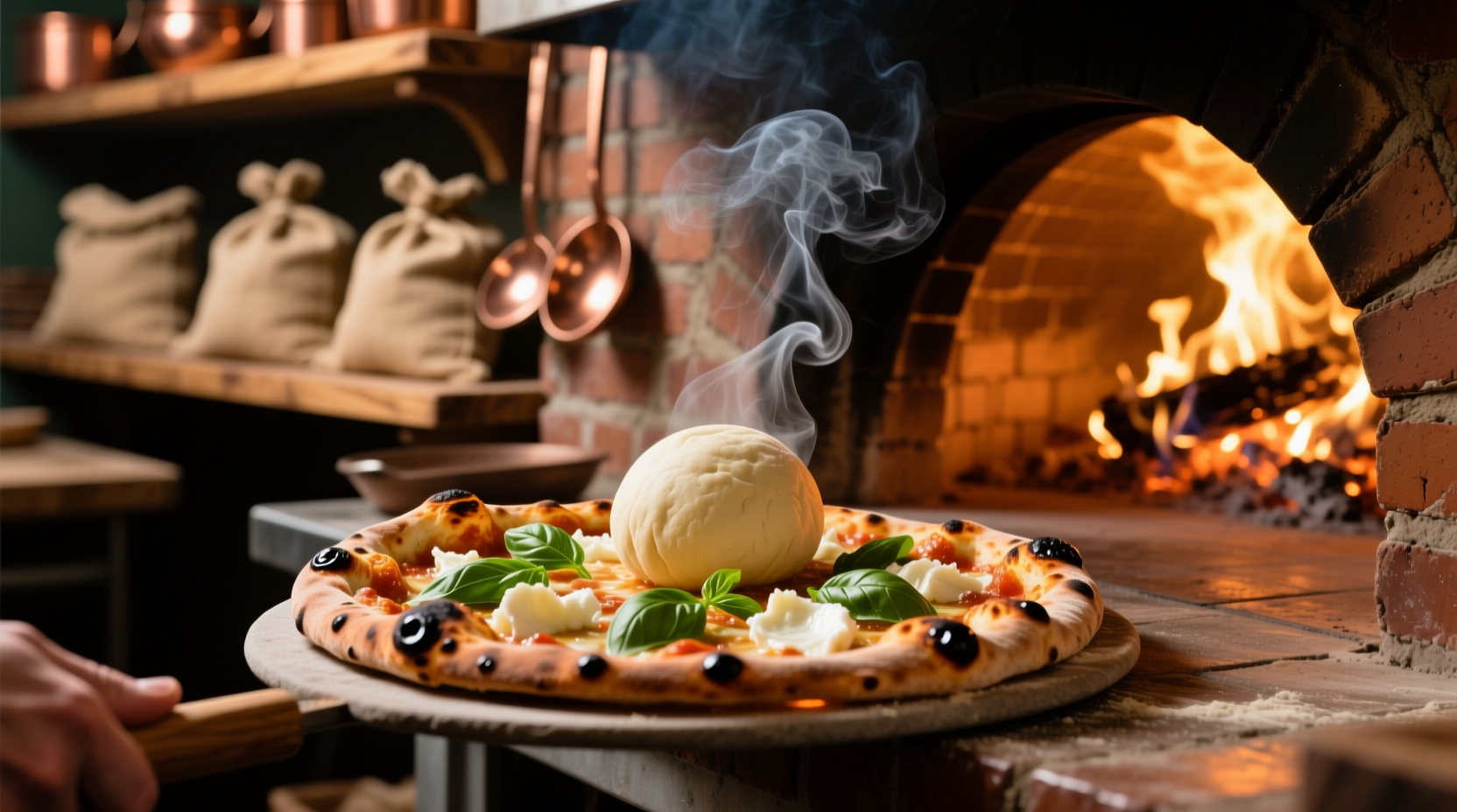 Wood-fired pizza being prepared at Tomato Brothers