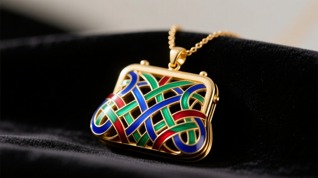Close-up of a 1950s gold-plated vintage purse necklace pendant with intricate guilloche enamel detailing, resting on dark velvet