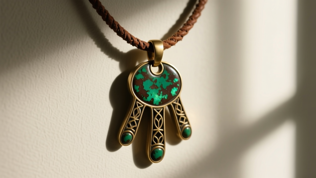 Brass five-finger amulet necklace on a leather cord, showing rich green and brown oxidation patina under soft natural window light.